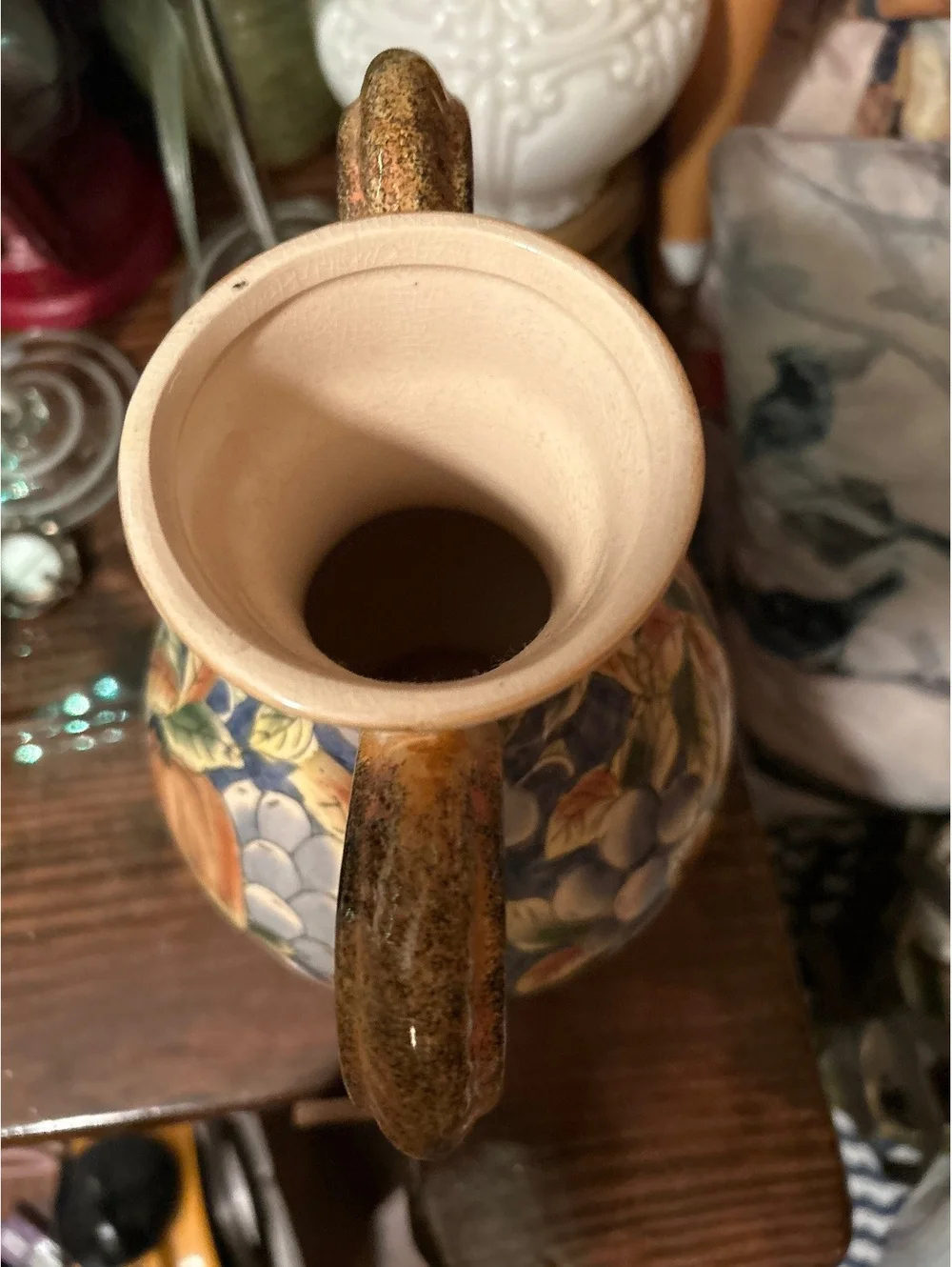 Vintage Hand-Painted Ceramic Vase with Fruit Motif and Dual Handles